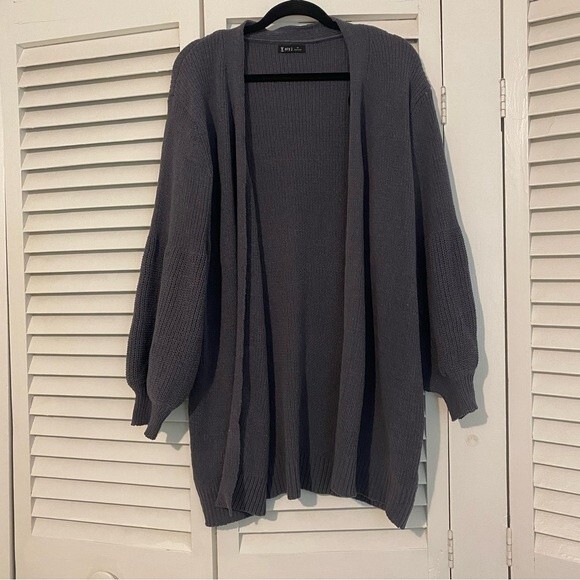 V ery J size Medium Dark Grey Blue Balloon Sleeve Oversize Cardigan - Picture 1 of 7